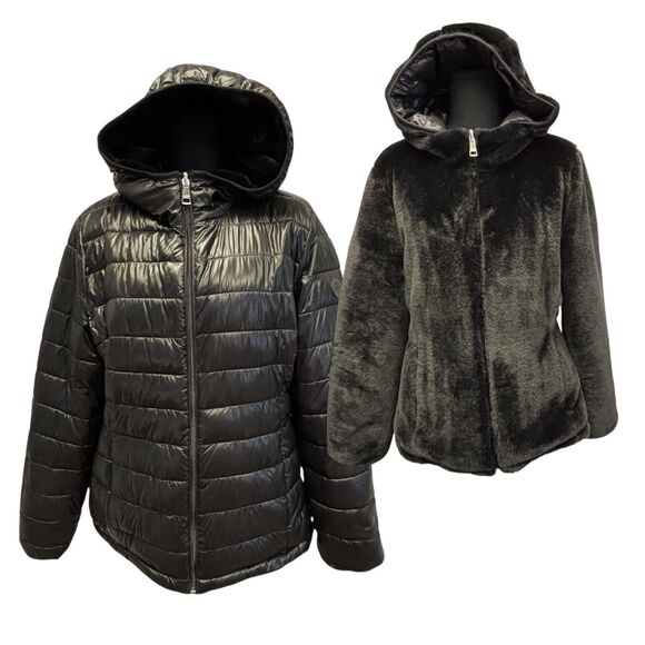 ANDREW MARC Hooded Puffer Jacket Reversible Faux Fur Pockets NEW - Picture 1 of 13